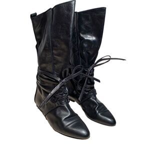 Bohemian Capretto Tall Black Leather Boots With Wrap Around Ties Size 7.5
